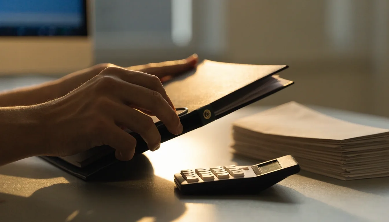 A payroll planning counter in warm morning light with a binder and a calculator at rest