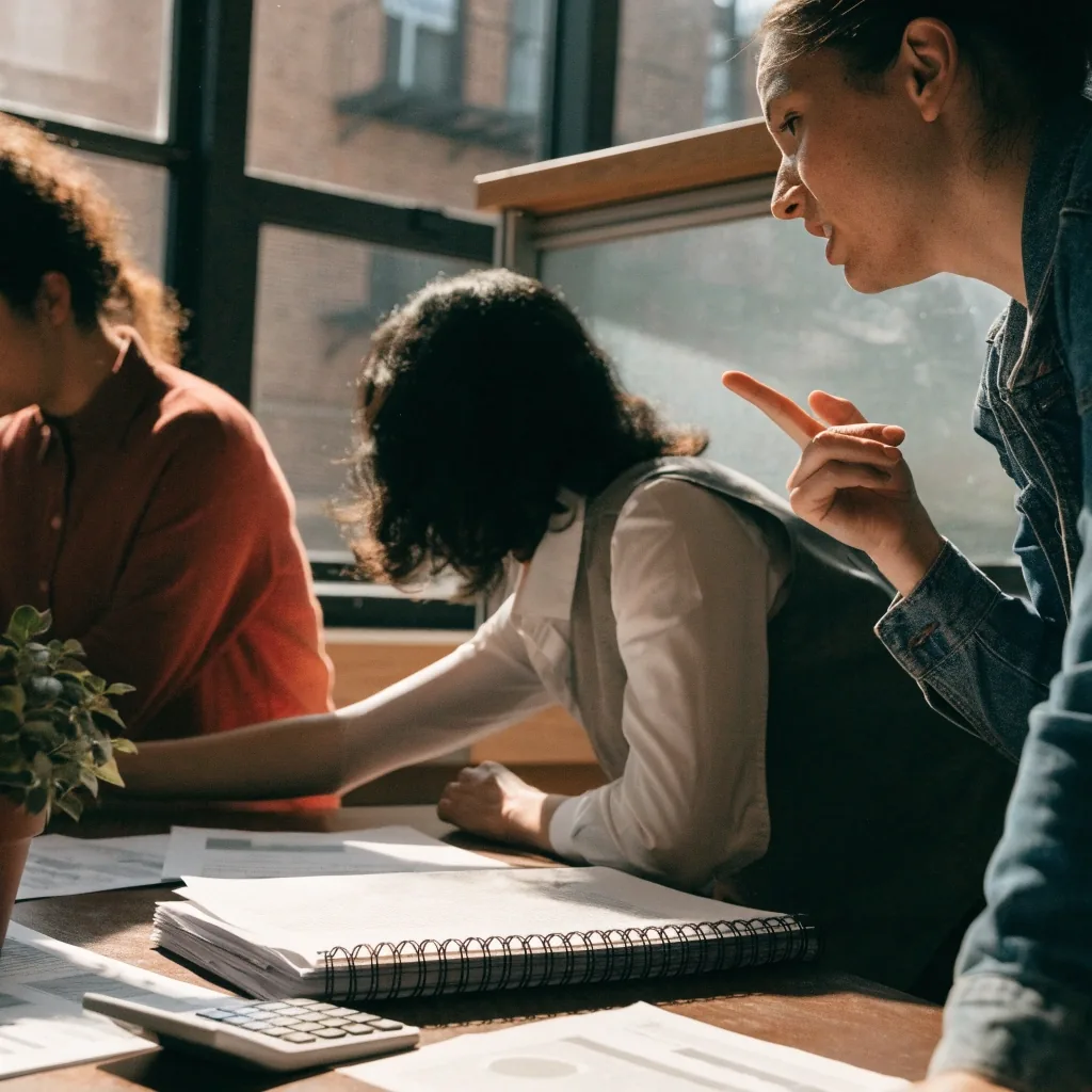 A payroll planning team working at a desk with warm window light