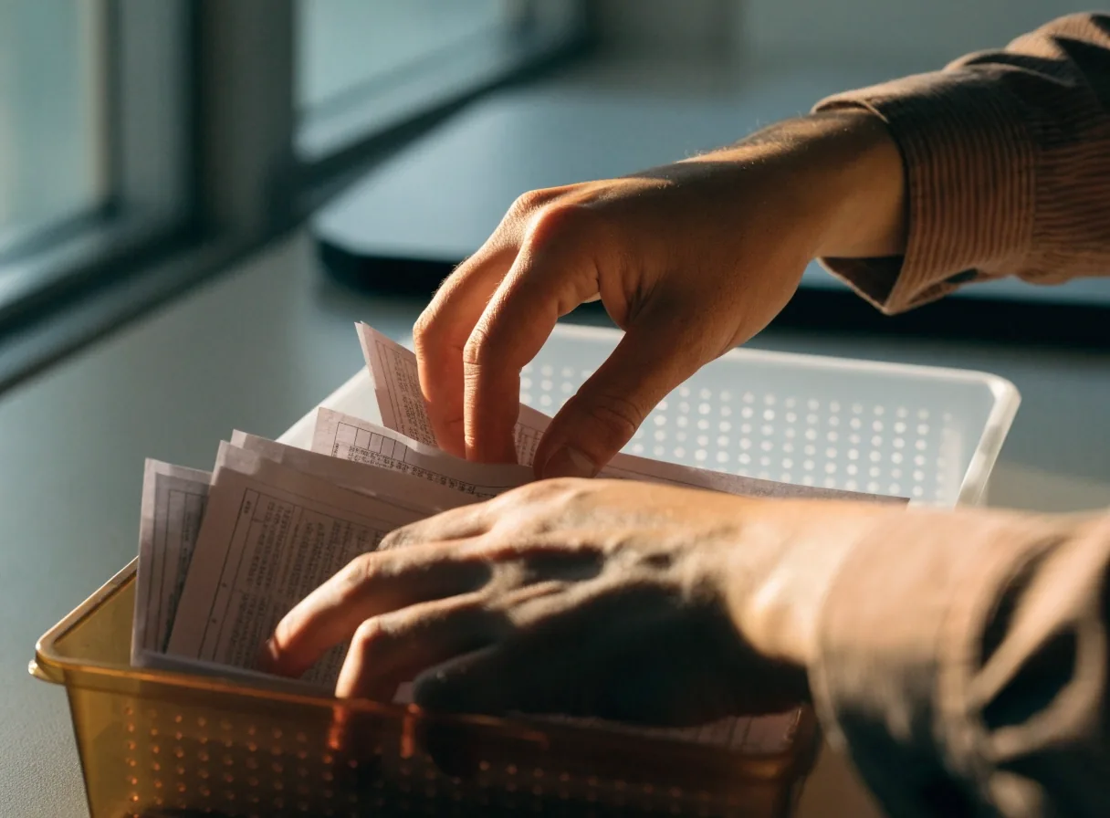 Hands sorting payroll paperwork into two trays on a matte desk