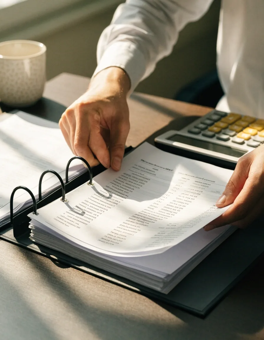 Hands filing printed payroll summaries into a ring binder on a matte desk in warm morning light