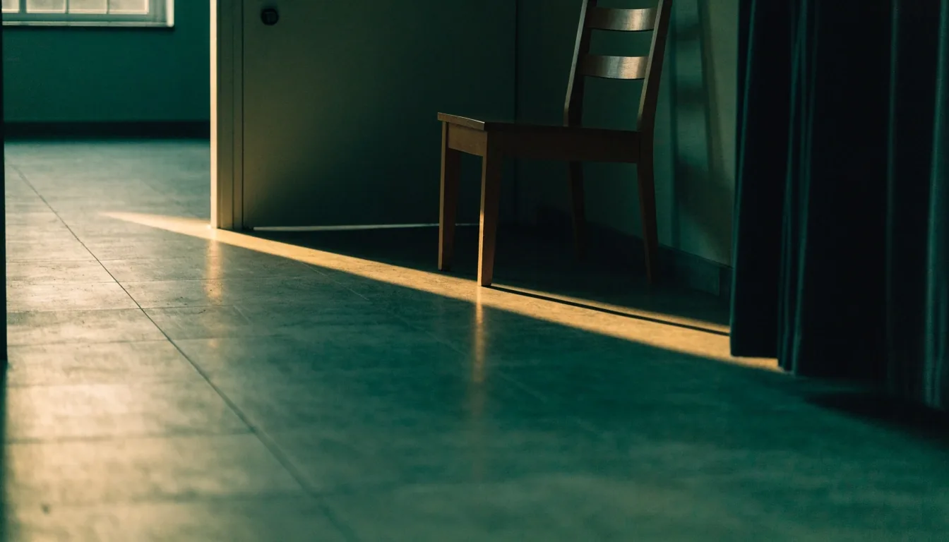 Morning light falling across the matte floor of the Misones editorial office entrance