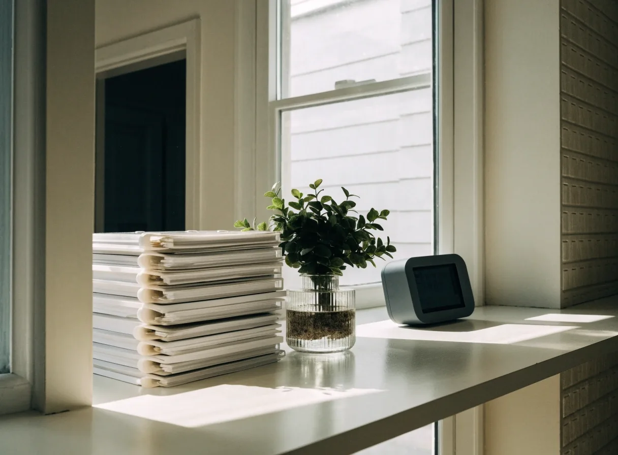A matte office desk in warm morning light with a laptop screen glowing out of focus and a paper ledger beside it