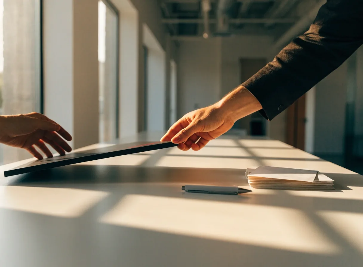 Two hands moving a printed budget worksheet across a matte desk in warm morning light