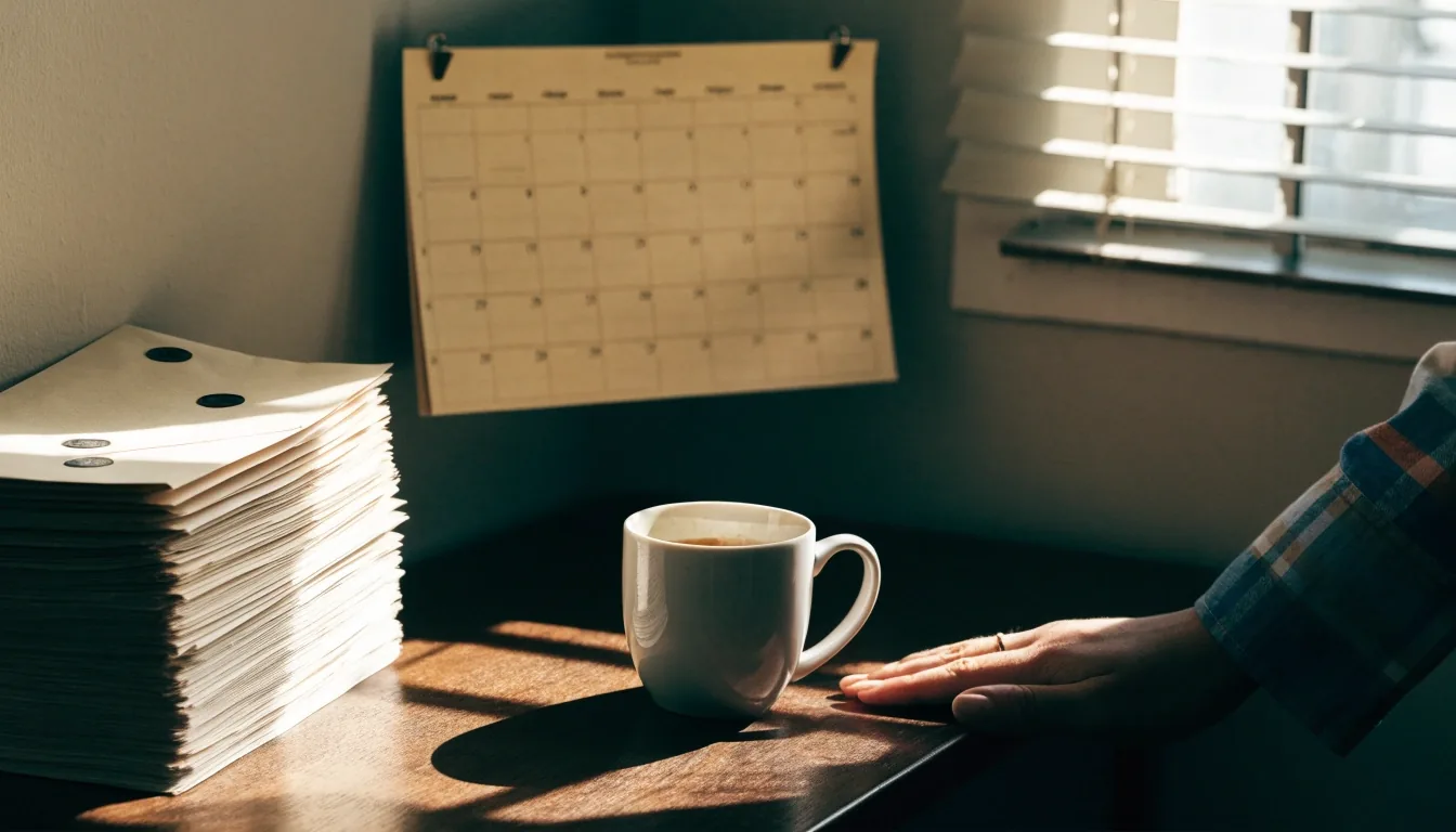 A morning kitchen table with a blank wall calendar, a mug and a hand at the edge of the frame