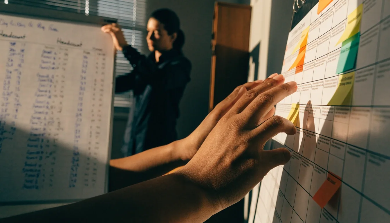 Hands working with a pencil over a ledger on a matte desk under warm window light