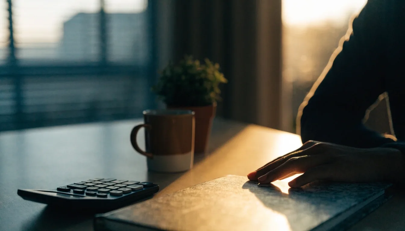A matte payroll-planning counter at morning with a closed binder, a calculator face-down, and a mug in warm raking light