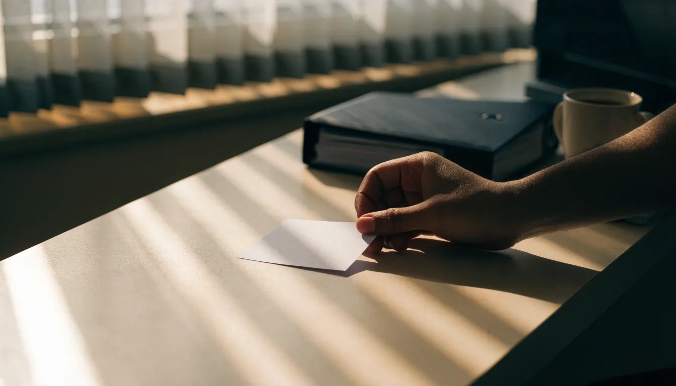 Two hands spreading a blank yearly calendar across a dark matte desk under warm window light
