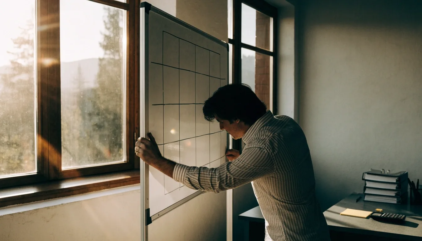 A payroll office at morning with warm raking sunlight across a matte floor and a hanging lamp