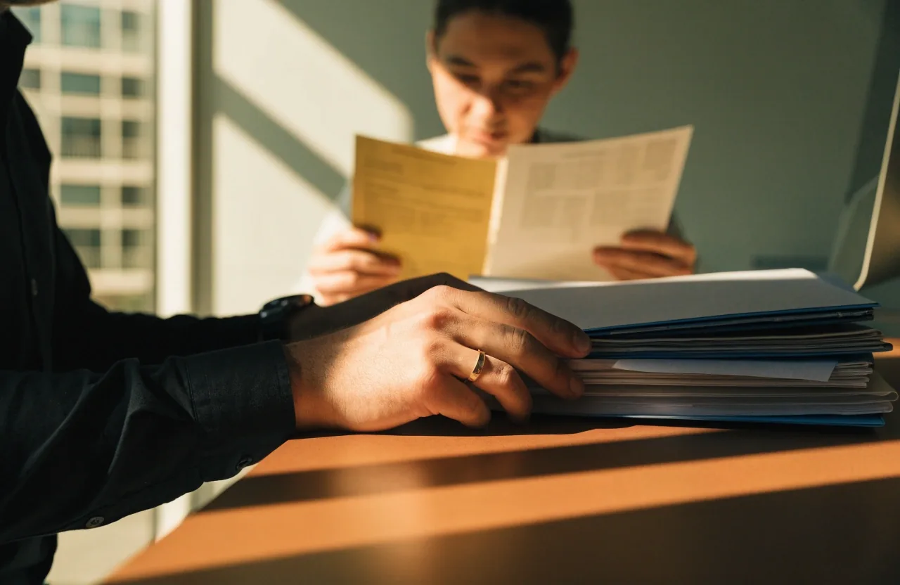 Two colleagues comparing a payroll summary against a spreadsheet on a matte desk in warm morning light