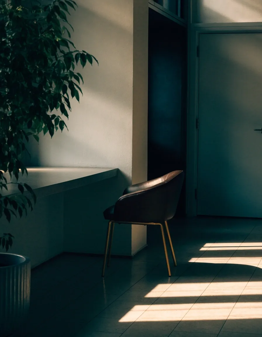 A quiet office doorway with warm morning light across a matte floor and one empty chair