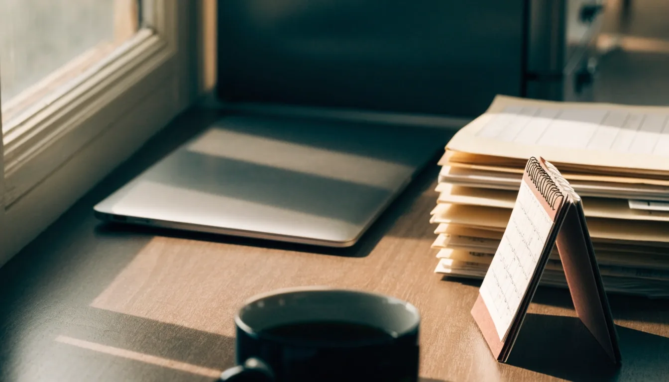 A matte payroll-planning counter at morning with ring binders, a face-down calculator and warm sun stripes across the surface