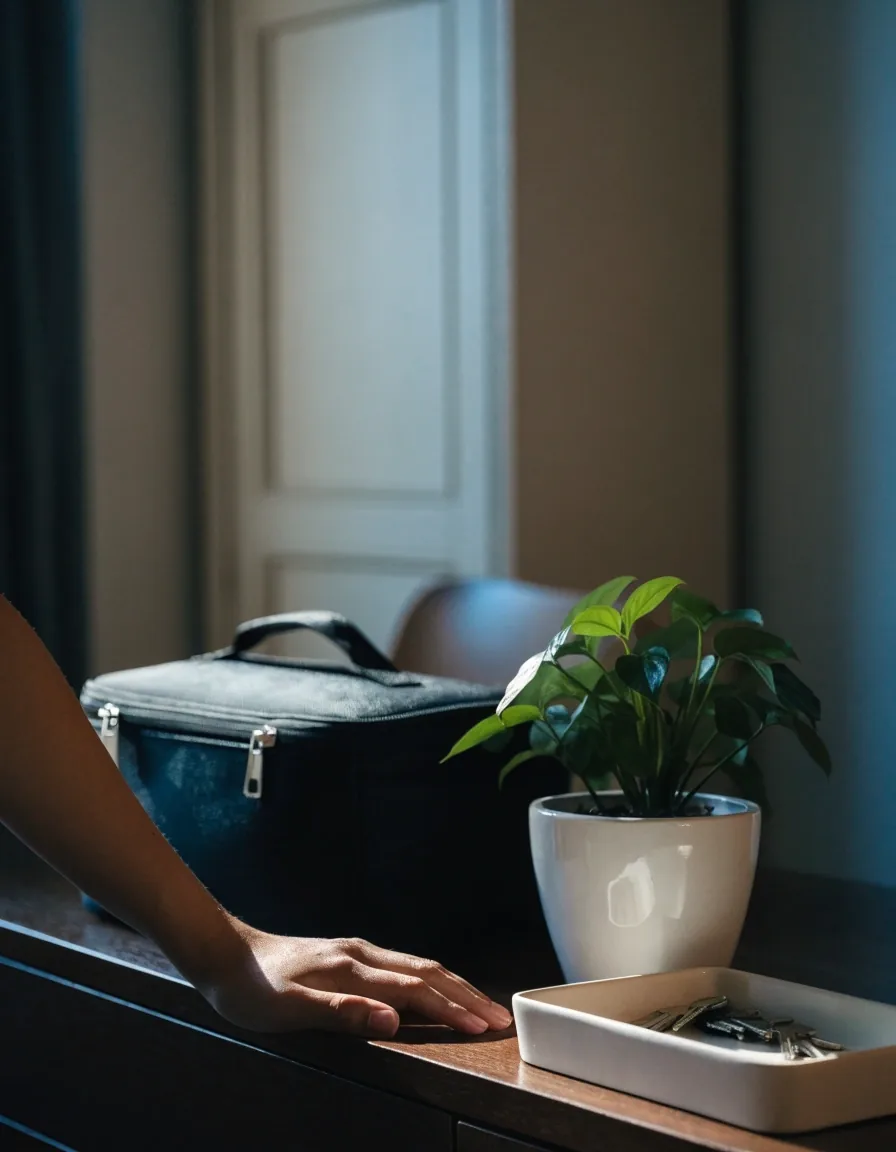Hands working at a matte desk with a blank planner and a softly out-of-focus laptop glow in warm window light