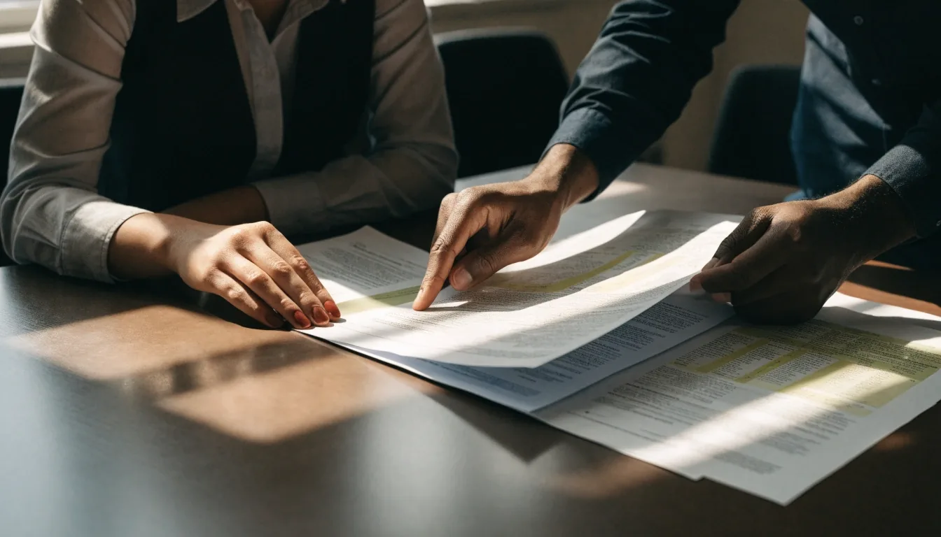 Two colleagues reviewing salary plan pages across a matte table in warm morning light