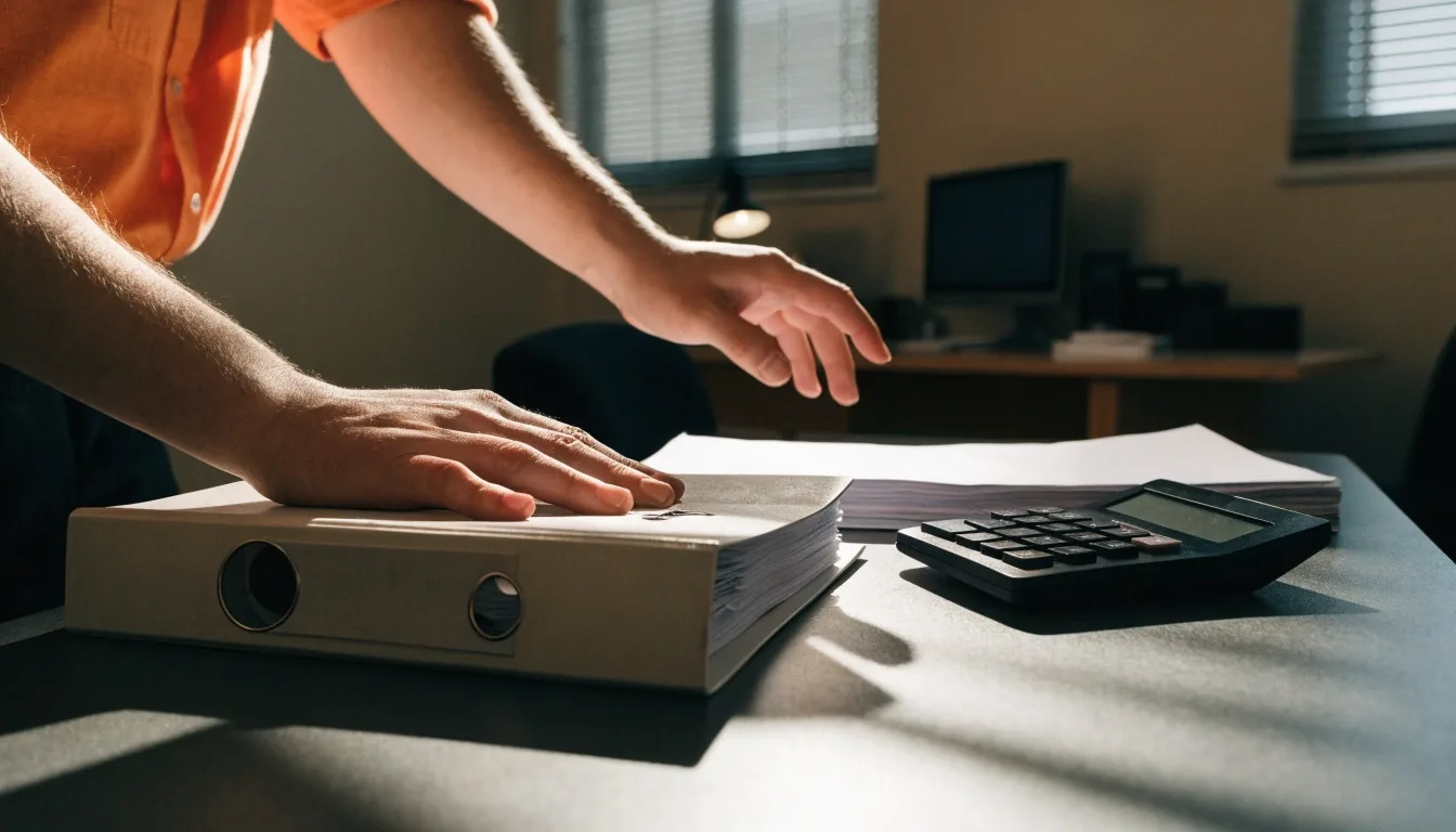 A matte payroll-planning counter at morning with a binder, a calculator and paper timesheets under raking warm light